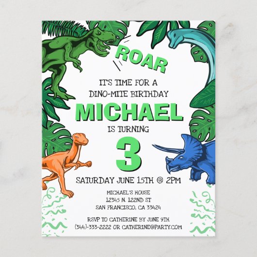 Papier Budget Dinosaur Enfants Dino Trex Invitation Anniv (Devant)