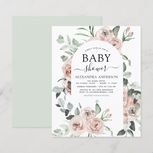 Papier Budget Dusty Baby shower rose Floral Invitation (Devant / Derrière)