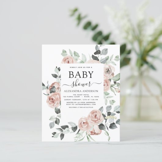 Papier Budget Dusty Baby shower rose Floral Invitation (Debout devant)