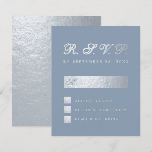 Papier Budget Dusty Blue Argent Calligraphie Mariage RSVP (Devant / Derrière)