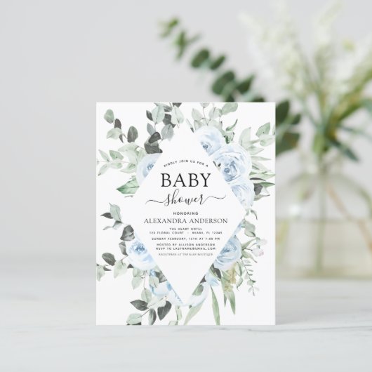 Papier Budget Dusty Blue Baby shower Floral Invitation (Debout devant)