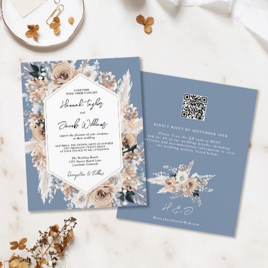 Papier Budget Dusty Blue Boho Mariage QR Code RSVP Invita