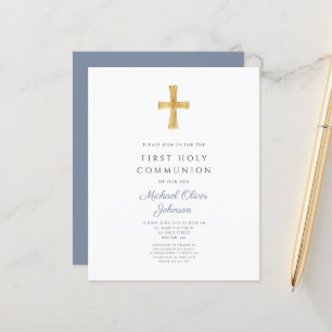 Papier Budget Dusty Blue Boy First Communion Invitation