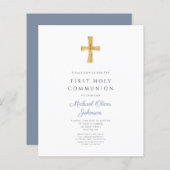 Papier Budget Dusty Blue Boy First Communion Invitation (Devant / Derrière)