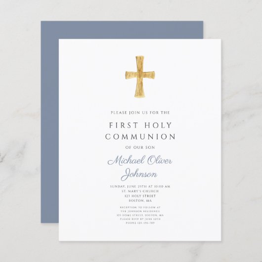 Papier Budget Dusty Blue Boy First Communion Invitation (Devant / Derrière)