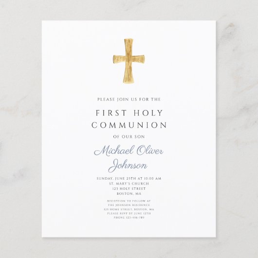 Papier Budget Dusty Blue Boy First Communion Invitation (Devant)