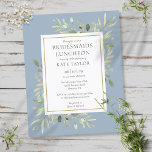 Papier Budget Dusty Blue Bridesmaitres Invitation de déje<br><div class="desc">Doté de délicats feuilles d'aquarelle,  cette invitation à déjeuner chic et économique pour les femmes d'affaires peut être personnalisée avec vos informations spéciales d'événement,  avec un arrière - plan bleu poussiéreux. Conçu par Thisisnotme©</div>