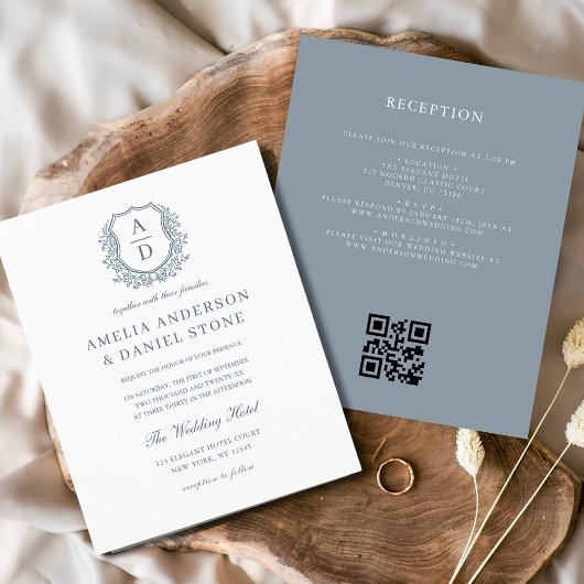 Papier Budget Dusty Blue Crest Monogramme Mariage QR Code