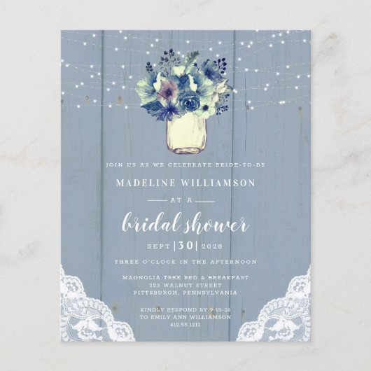 Papier Budget Dusty Blue dentelle nuptiale invitation dou (Devant)