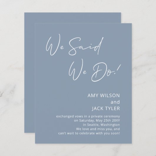 Papier Budget Dusty Blue Elopement Faire-part (Devant / Derrière)