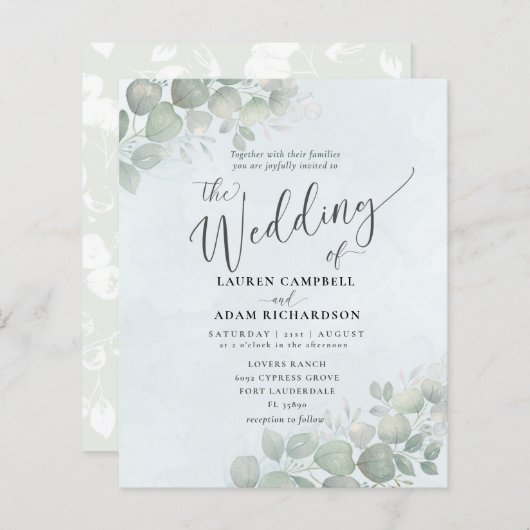 Papier Budget Dusty Blue Eucalyptus Mariage d'aquarelle (Devant / Derrière)