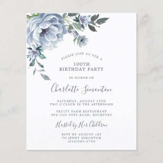 Papier Budget Dusty Blue Floral 100e Invitation anniversa (Devant)