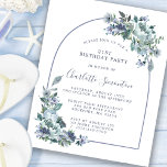 Papier Budget Dusty Blue Floral 21e anniversaire Invitati<br><div class="desc">Des pivoines et des fleurs sauvages bleus poussiéreux décorent une jolie invitation à l'anniversaire. La calligraphie moderne et l'arc ajoutent au Boho Vibe.</div>