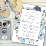 Papier Budget Dusty Blue Floral 21e anniversaire Invitati<br><div class="desc">Roses et fleurs sauvages bleus et poussiéreux décorent une jolie invitation à l'anniversaire. La calligraphie moderne ajoute au Boho Vibe.</div>