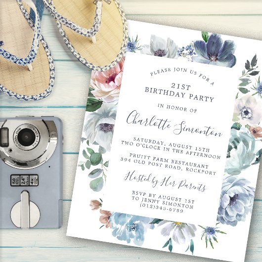 Papier Budget Dusty Blue Floral 21e anniversaire Invitati