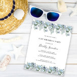 Papier Budget Dusty Blue Floral 21e anniversaire Invitati<br><div class="desc">Des fleurs sauvages et des pivoines bleues et poussiéreuses forment de très jolies bordures de haut et de bas sur cette invitation d'anniversaire</div>