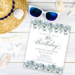 Papier Budget Dusty Blue Floral 30e anniversaire Invitati<br><div class="desc">Des fleurs bleues et poussiéreuses créent des bordures haut et bas sur cette élégante invitation à l'anniversaire. La calligraphie de script classique apporte une touche de beauté. Cet article fait partie de la collection florale Dusty Blue.</div>