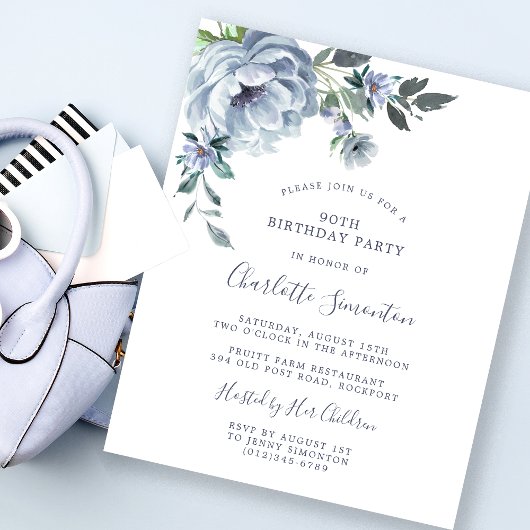 Papier Budget Dusty Blue Floral 90e anniversaire Invitati
