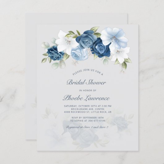Papier Budget Dusty Blue Floral Bridal Shower Invitation (Devant / Derrière)