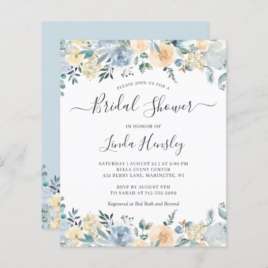 Papier Budget Dusty Blue Floral Bridal Shower Invitation (Devant / Derrière)