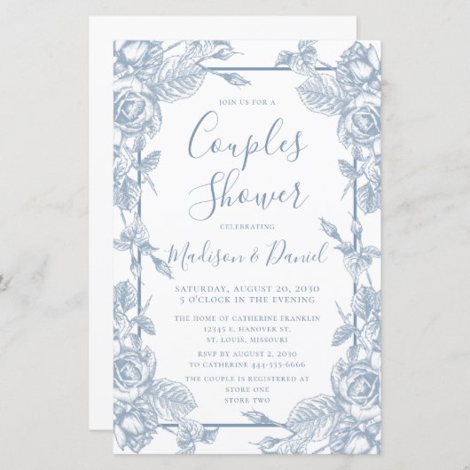 Papier Budget Dusty Blue Floral Couples Douche (Devant / Derrière)