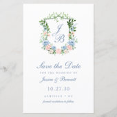 Papier Budget Dusty Blue Floral Crest Enregistrer la date (Devant)