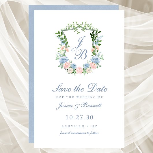 Papier Budget Dusty Blue Floral Crest Enregistrer la date