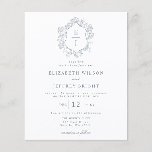 Papier Budget Dusty Blue Floral Crest Monogramme Invitati (Devant)