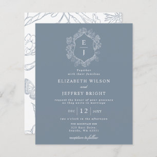 Papier Budget Dusty Blue Floral Crest Monogramme Invitati