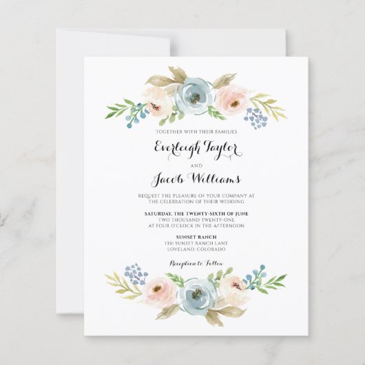 Papier Budget Dusty Blue Floral Faire-part de mariage (Devant)