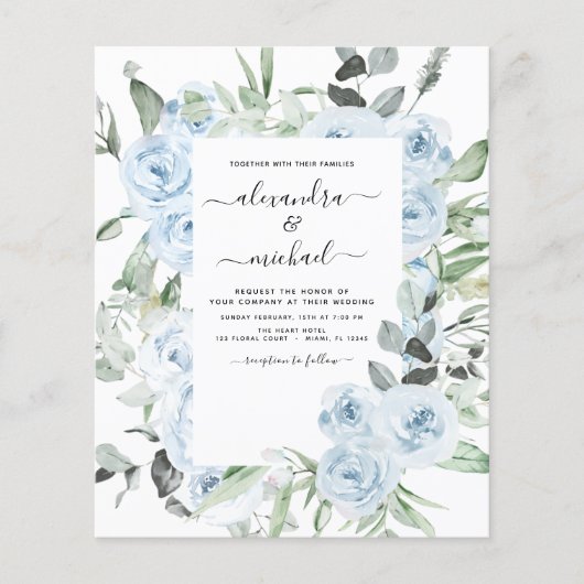 Papier Budget Dusty Blue Floral Faire-part de mariage (Devant)