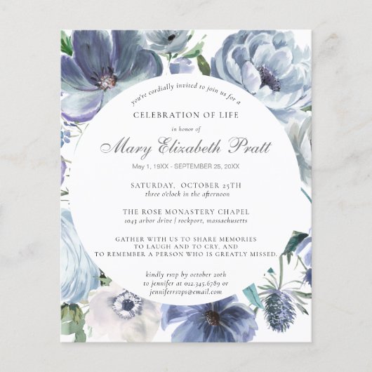 Papier Budget Dusty Blue Floral Funeral Invitation (Devant)