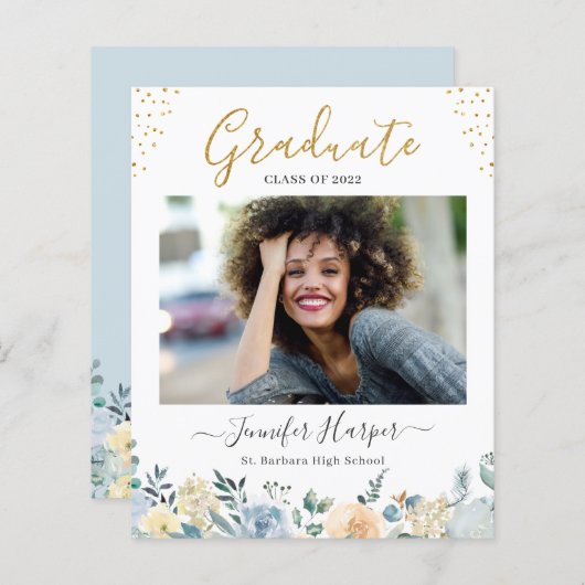 Papier Budget Dusty Blue Floral Graduation Faire-part (Devant / Derrière)