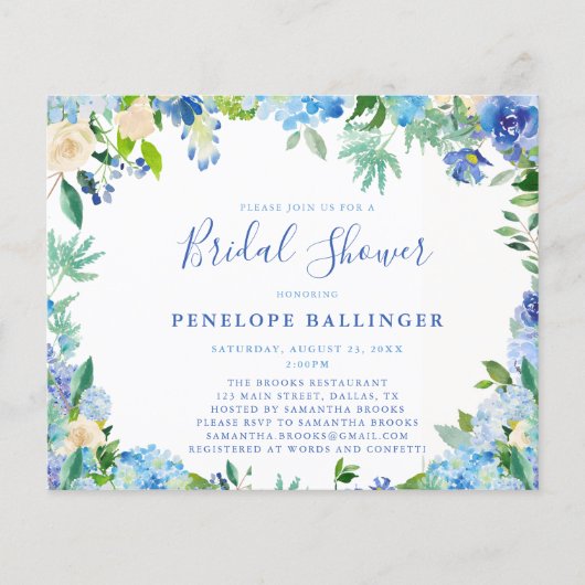 Papier Budget Dusty Blue Floral Invitations de douche nup (Devant)