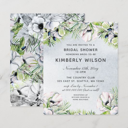 Papier Budget Dusty Blue Floral Invitations de douche nup (Devant / Derrière)