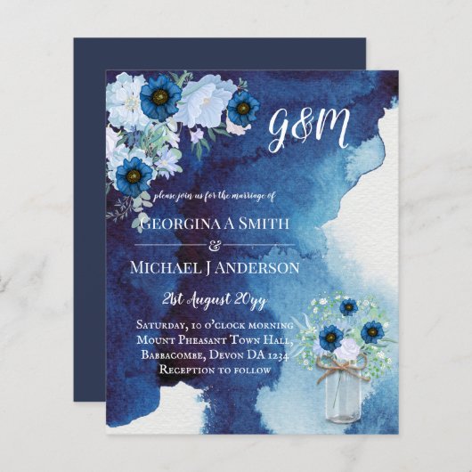 Papier BUDGET Dusty Blue Floral Mariage Invitation (Devant / Derrière)