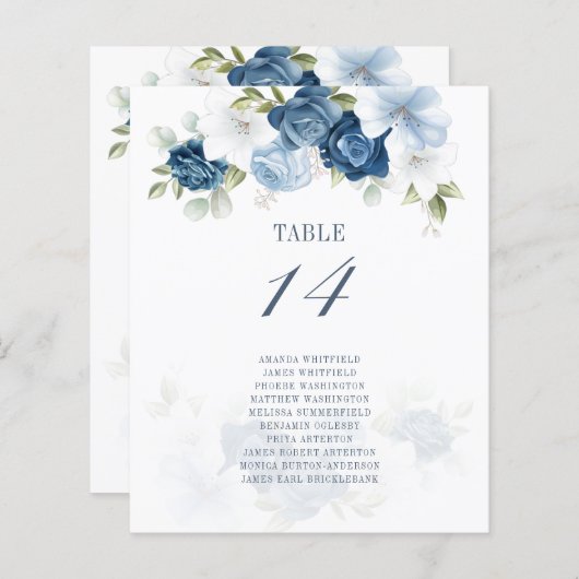 Papier Budget Dusty Blue Floral Numéro de table et siège (Devant / Derrière)