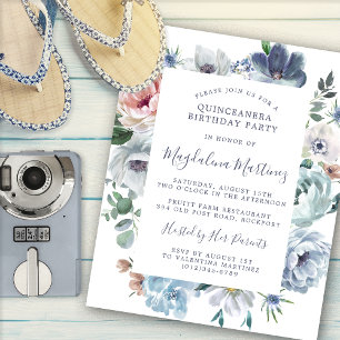 Papier Budget Dusty Blue Floral Quinceanera Invitation
