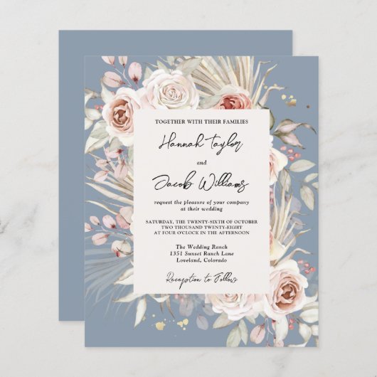 Papier Budget Dusty Blue Floral Rustic Faire-part de mari (Devant / Derrière)