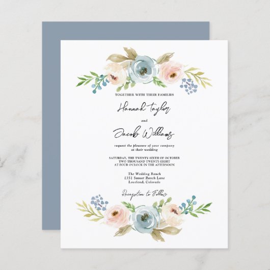 Papier Budget Dusty Blue Floral Rustic Wedding Invitation (Devant / Derrière)