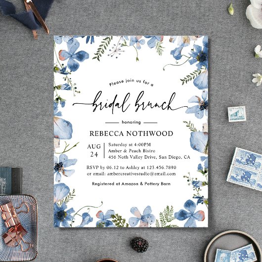 Papier Budget Dusty Blue Florals Bridal Brunch Invitation