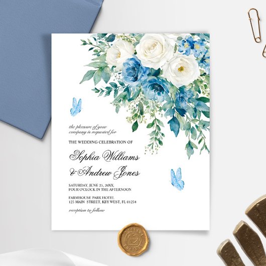 Papier Budget Dusty Blue Flowers Wedding Invitation