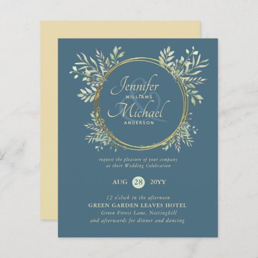 Papier BUDGET Dusty Blue Gold Greenery Mariage Inviter (Devant / Derrière)