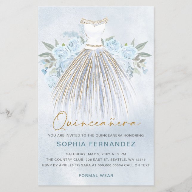 Papier Budget Dusty Blue Gold robe Quinceañera Invitation (Devant)