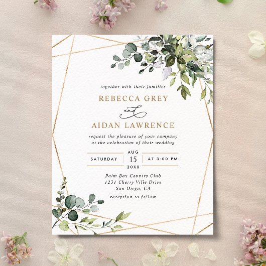 Papier Budget Dusty Blue Greenery Gold Faire-part de mari