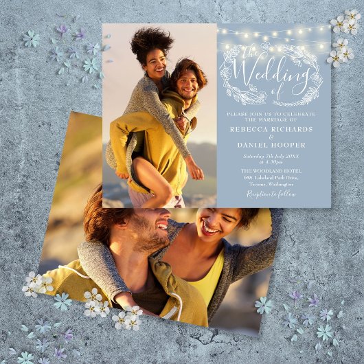 Papier Budget Dusty Blue Lights 2 Photo Wedding Invitatio