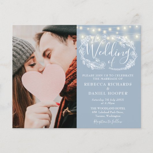 Papier Budget Dusty Blue Lights Photo Wedding Invitation (Devant)