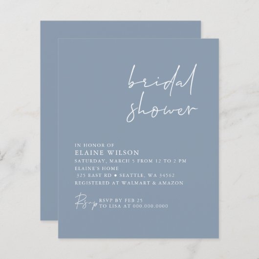 Papier Budget Dusty Blue Moderne Douche nuptiale Invitati (Devant / Derrière)