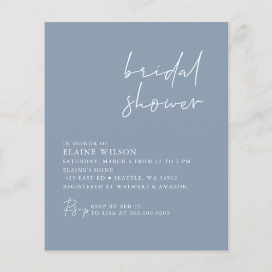 Papier Budget Dusty Blue Moderne Douche nuptiale Invitati (Devant)