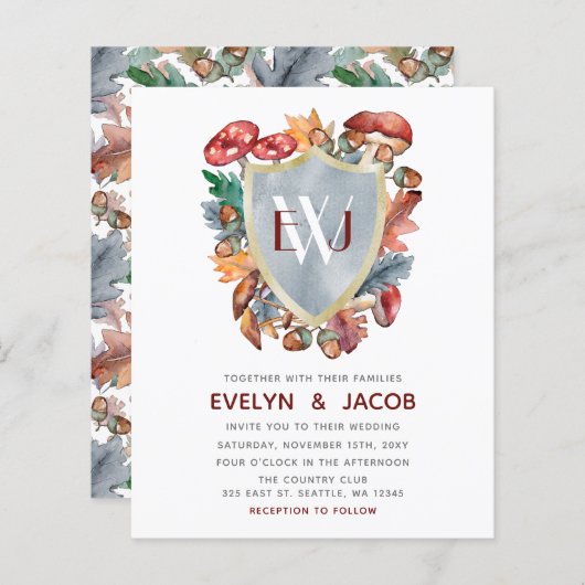 Papier Budget Dusty Blue Mushroom Faire-part de mariage (Devant / Derrière)